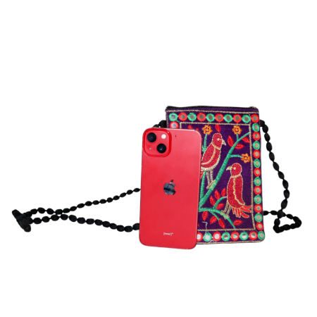 Handmade Cotton Mirror Hand Bag with Birds Design